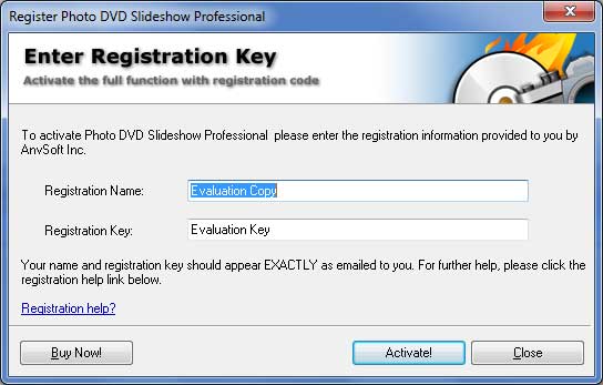 Enter Registration name and code to register Photo DVD Slideshow